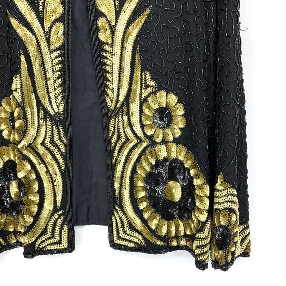 Vintage Silk Sequin Beaded Jacket Womens XL Open Front Evening Top Black Gold - Picture 4 of 6